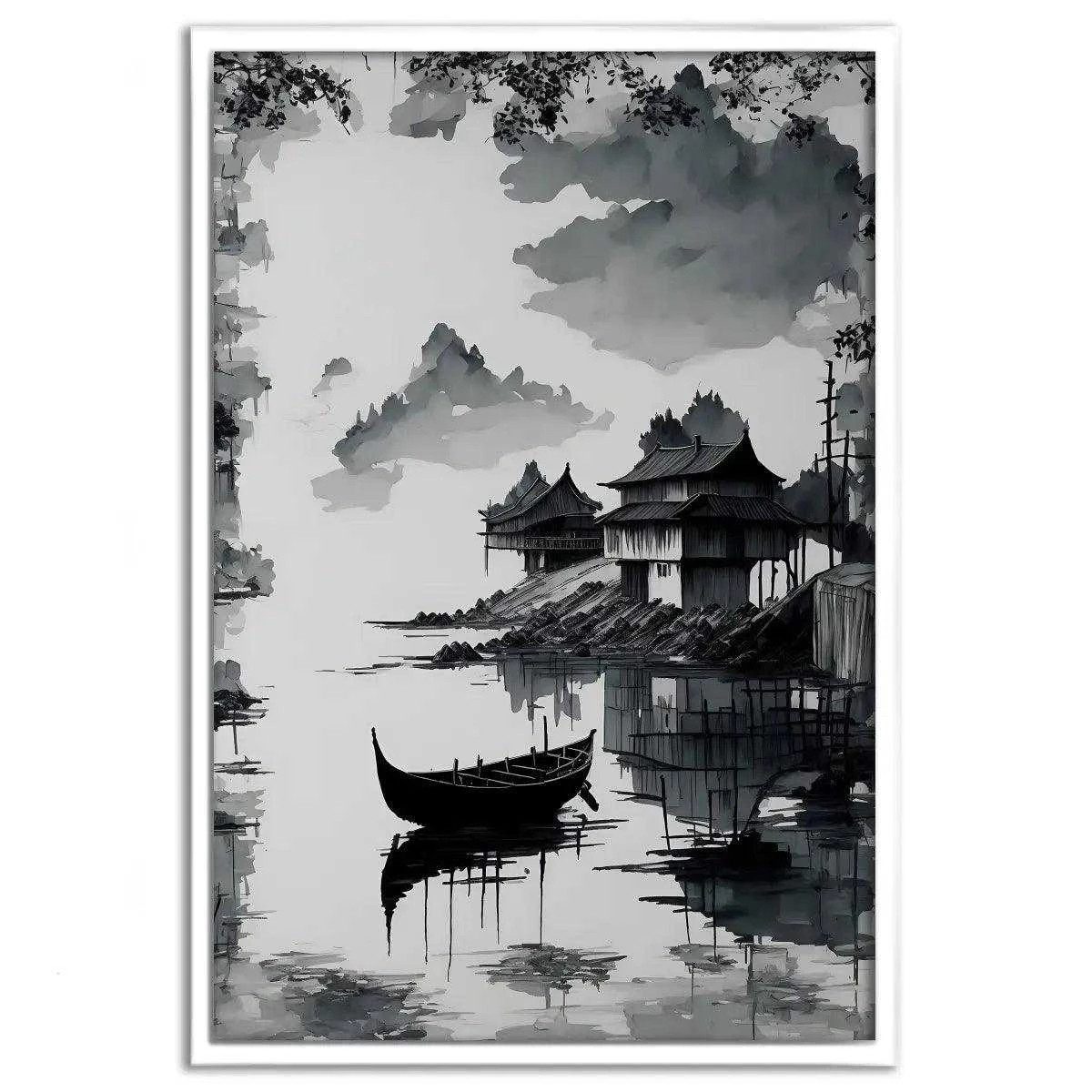 Japanische Aquarell Zeichnung See Und Berge
